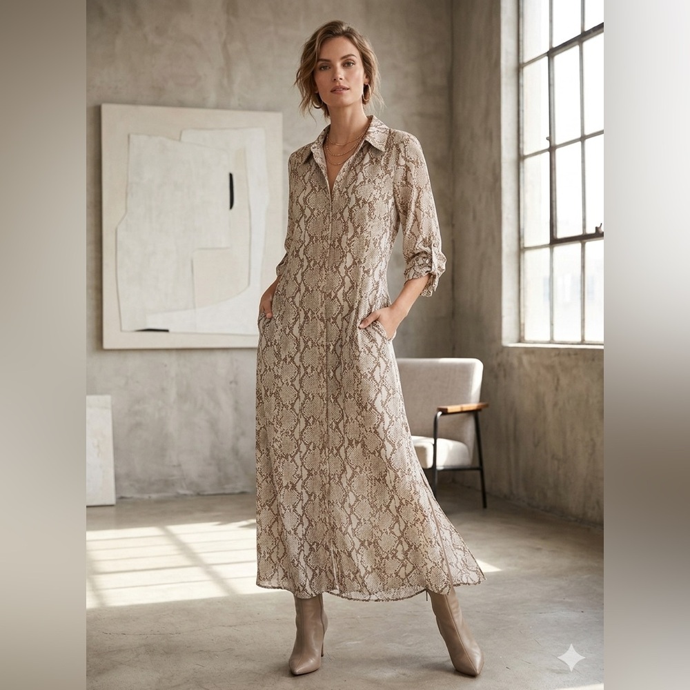 Michael Kors Beige Snake-Print Maxi Shirt Dress